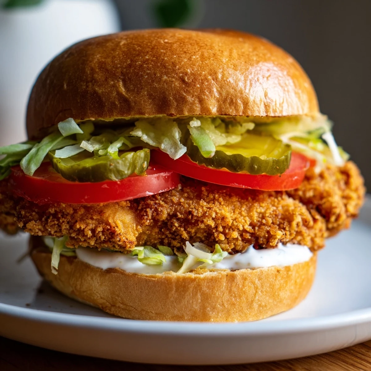 Golden brown spicy chicken sandwich drizzled with white creamy sauce on toasted brioche bun