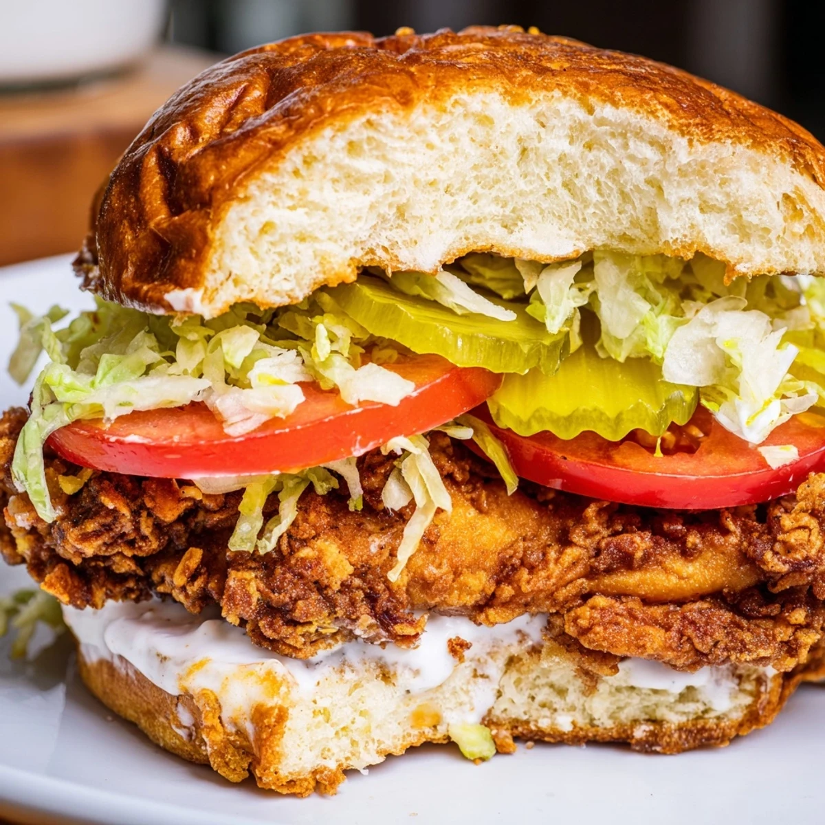 Crispy fried spicy chicken sandwich topped with fresh lettuce tomato and tangy homemade sauce