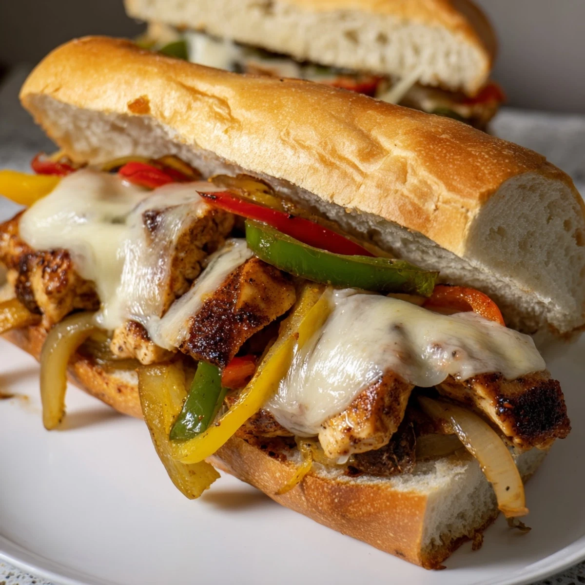 Golden toasted hoagie roll overflowing with seasoned chicken strips and colorful peppers