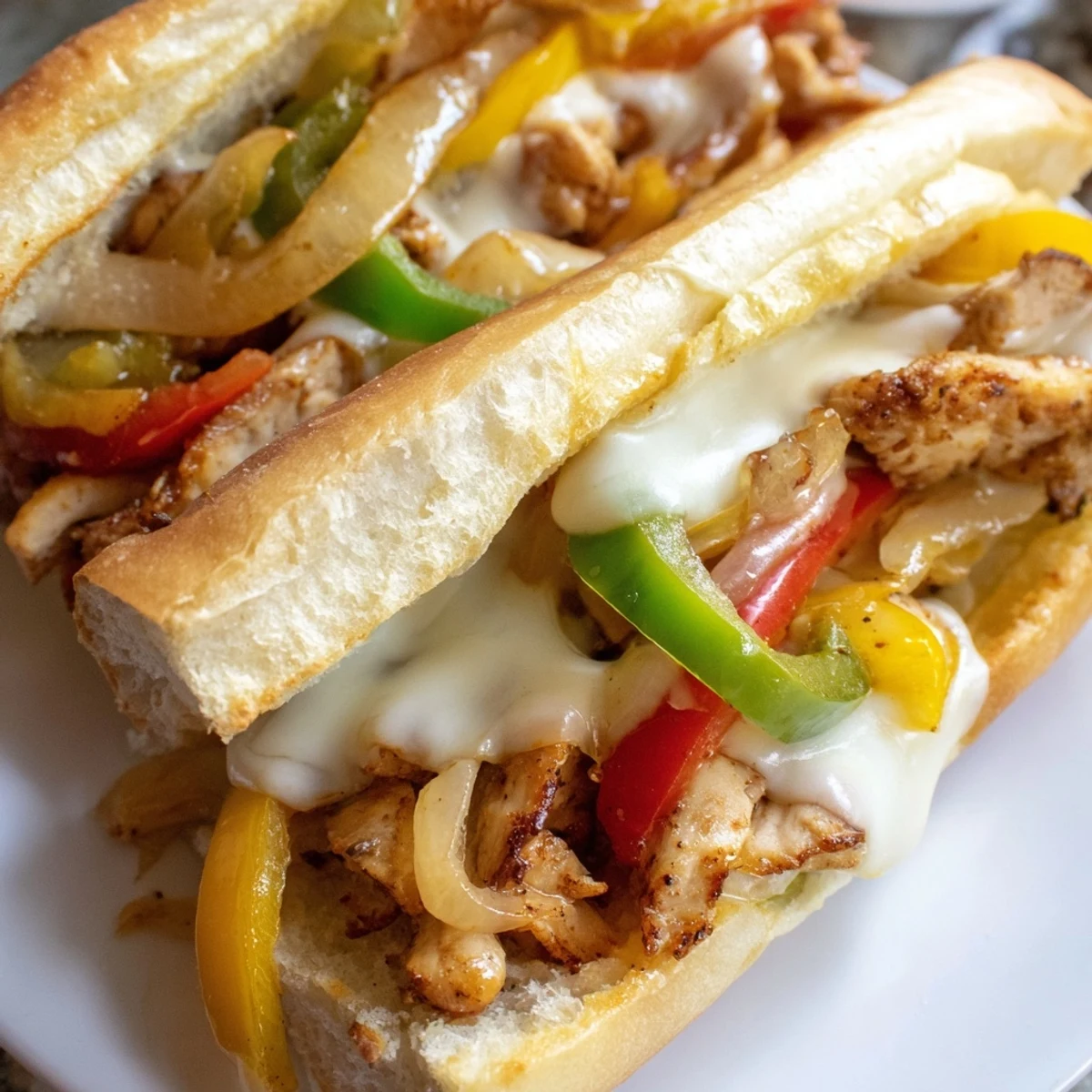 Melted provolone cheese cascades over chicken cheese steak sandwich with caramelized onions