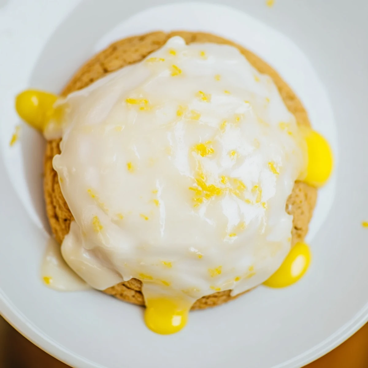 Golden lemon frosted cookies drizzled with tangy white glaze on a white wire cooling rack