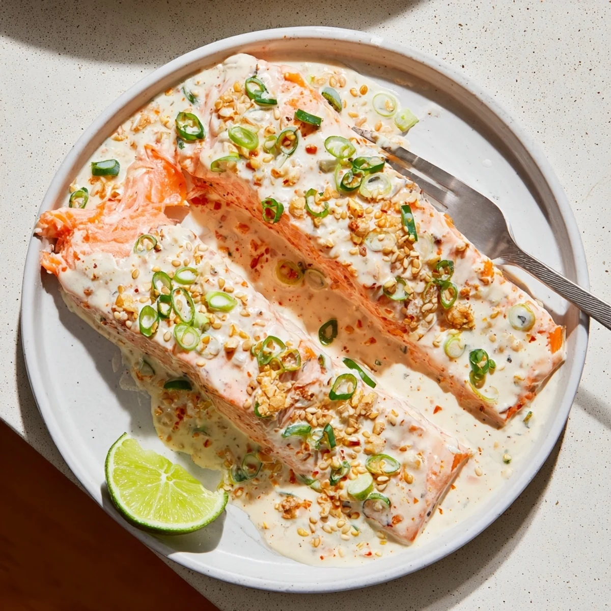 Golden brown Bang Bang Salmon topped with sweet chili mayonnaise sauce and sesame seeds