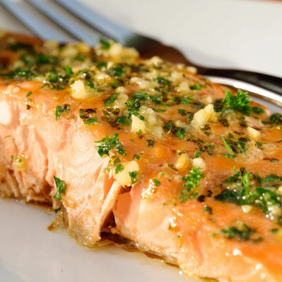 Golden garlic butter baked salmon fillet with fresh herbs and lemon slices on a white plate