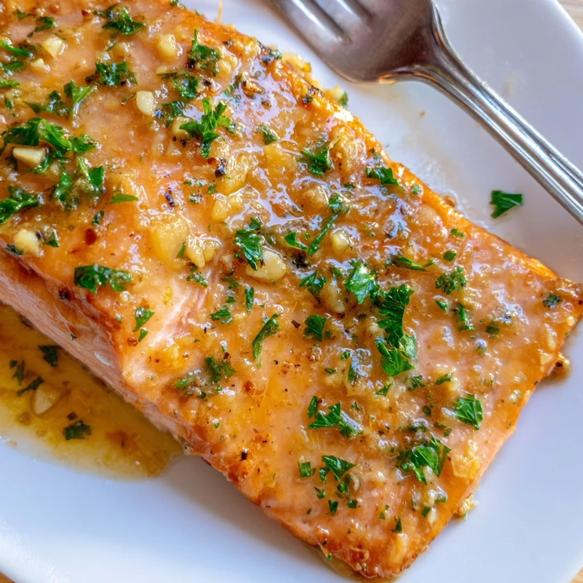Flaky garlic butter baked salmon served hot with roasted vegetables and lemon wedges