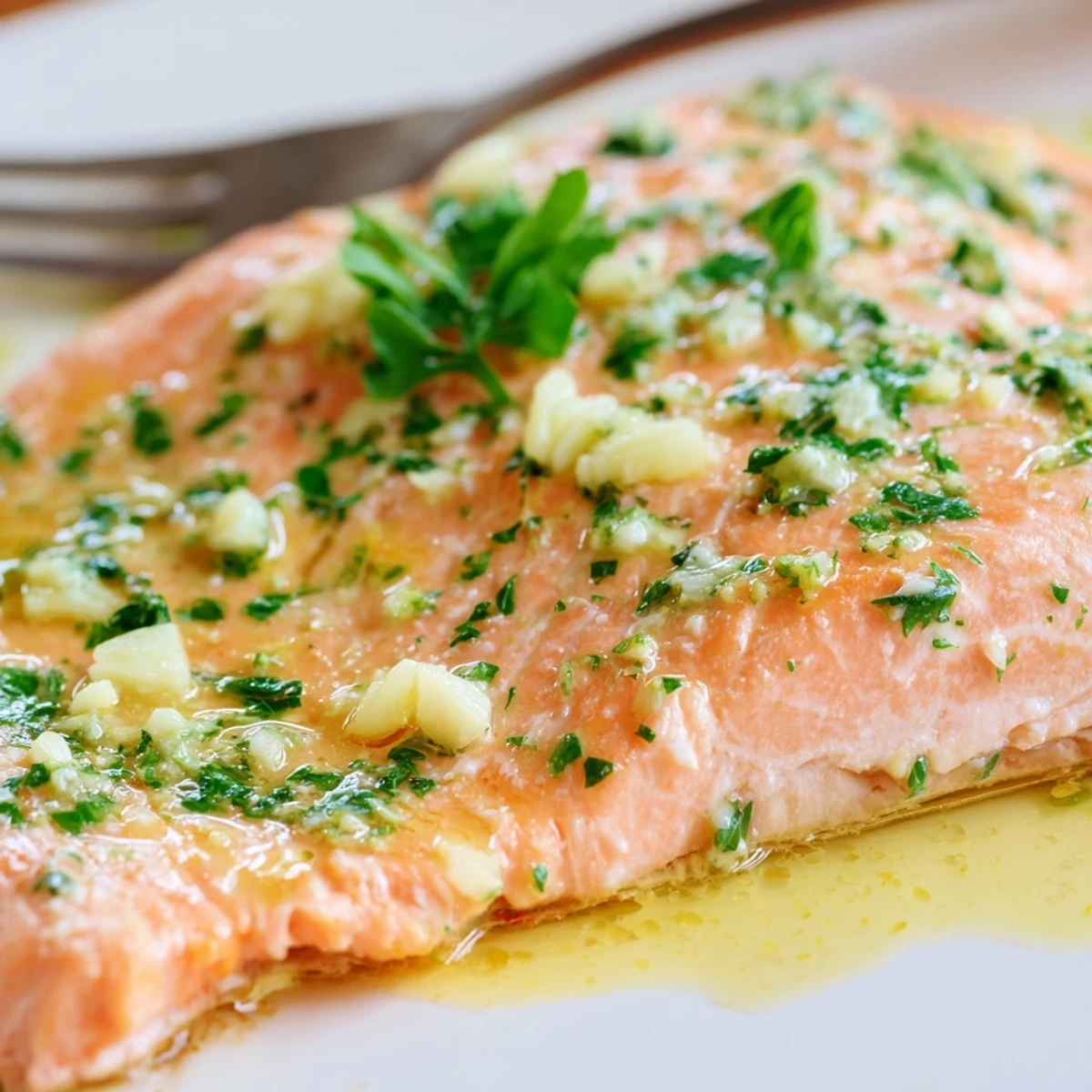 Tender baked salmon glazed in melted garlic butter sauce with chopped parsley garnish