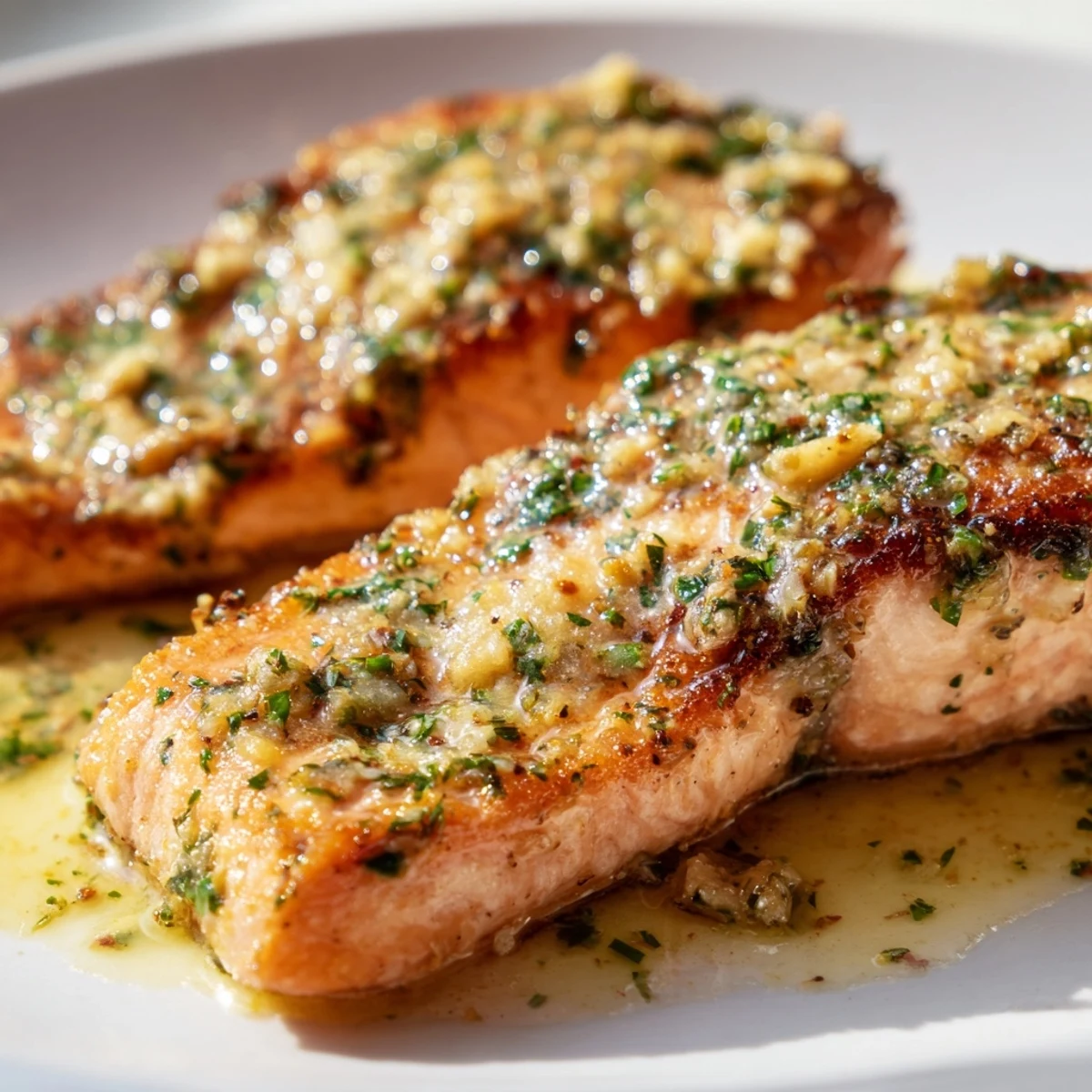 Creamy garlic butter salmon topped with dill and served in a luscious herb-infused sauce