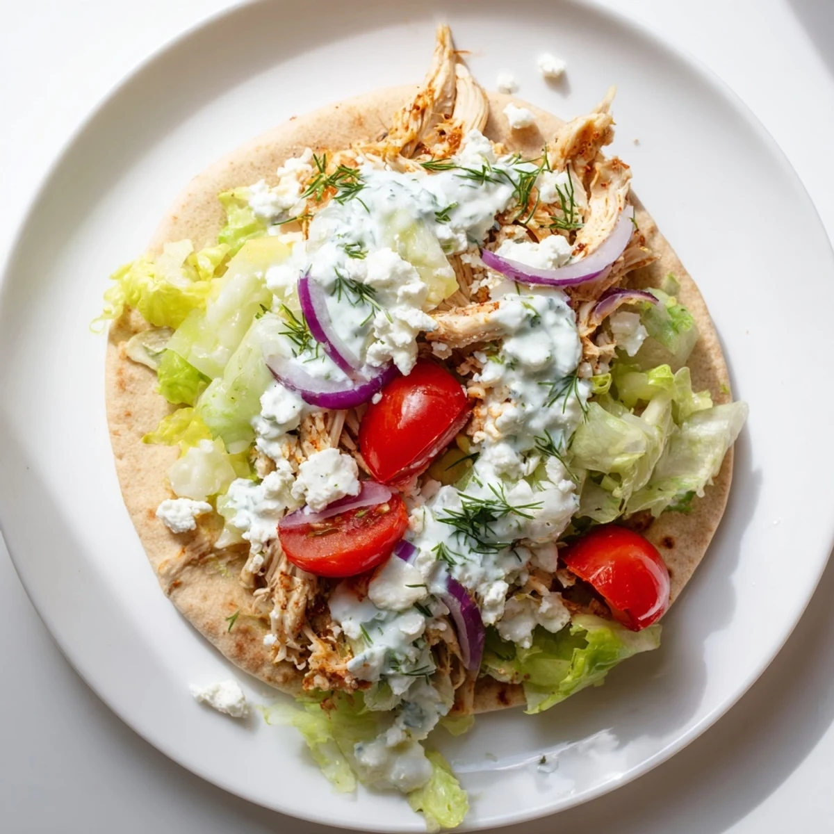 Slow cooker Greek chicken pitas piled high with juicy seasoned meat and crisp vegetables in warm pita bread