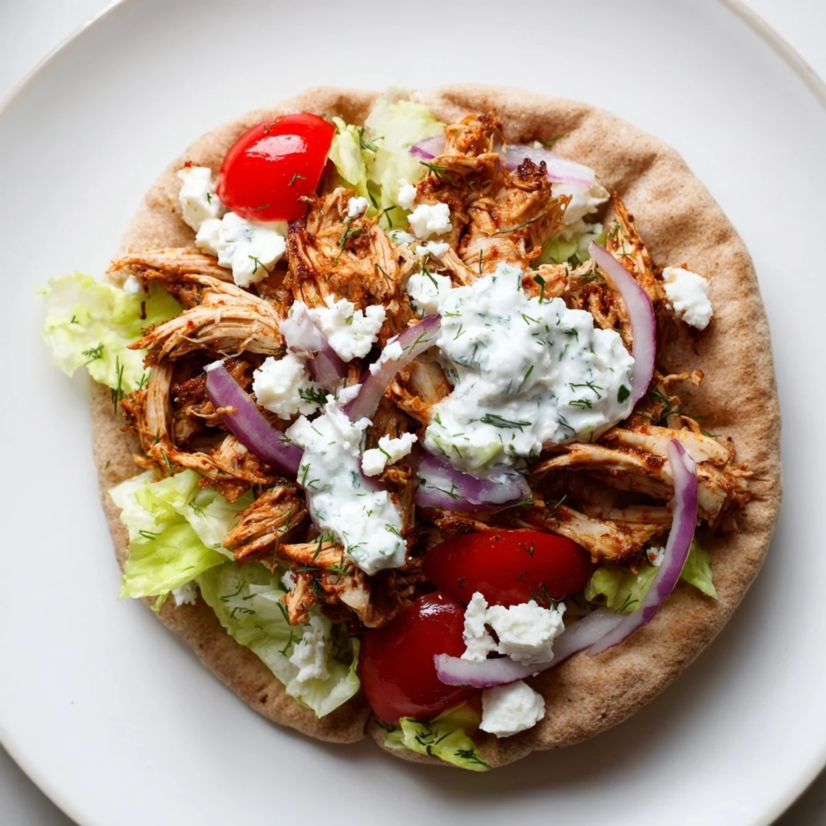 Crockpot Greek chicken pitas drizzled with creamy tzatziki sauce and topped with fresh lettuce, tomatoes, and feta