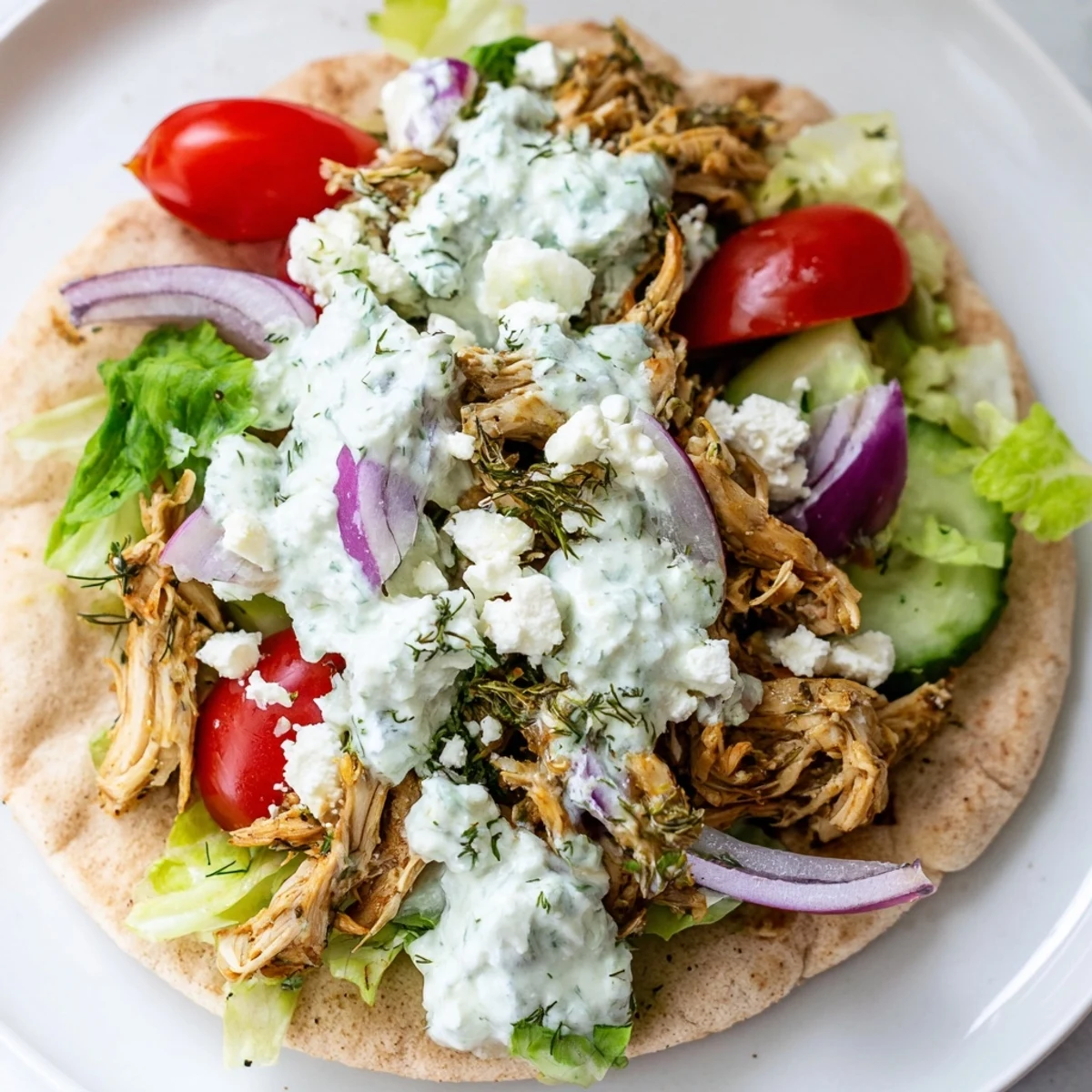 Mediterranean-style Greek chicken pitas featuring tender slow-cooked meat, tangy tzatziki, and crunchy red onions in soft pita pockets