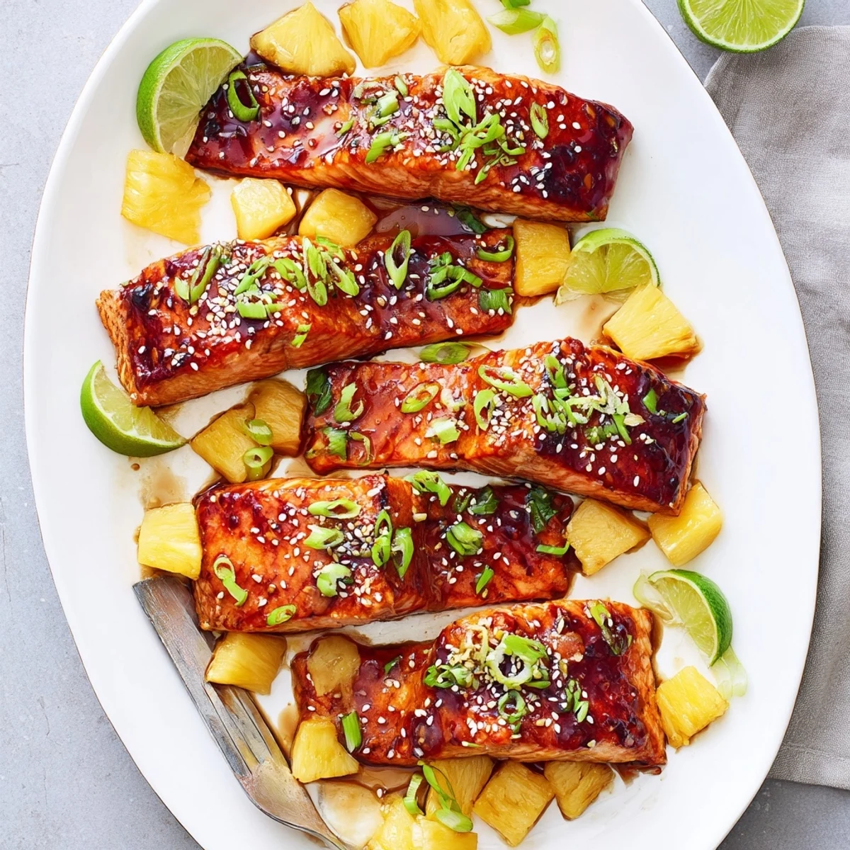 Golden brown pineapple glazed salmon fillets brushed with shiny sweet sticky glaze on white plate