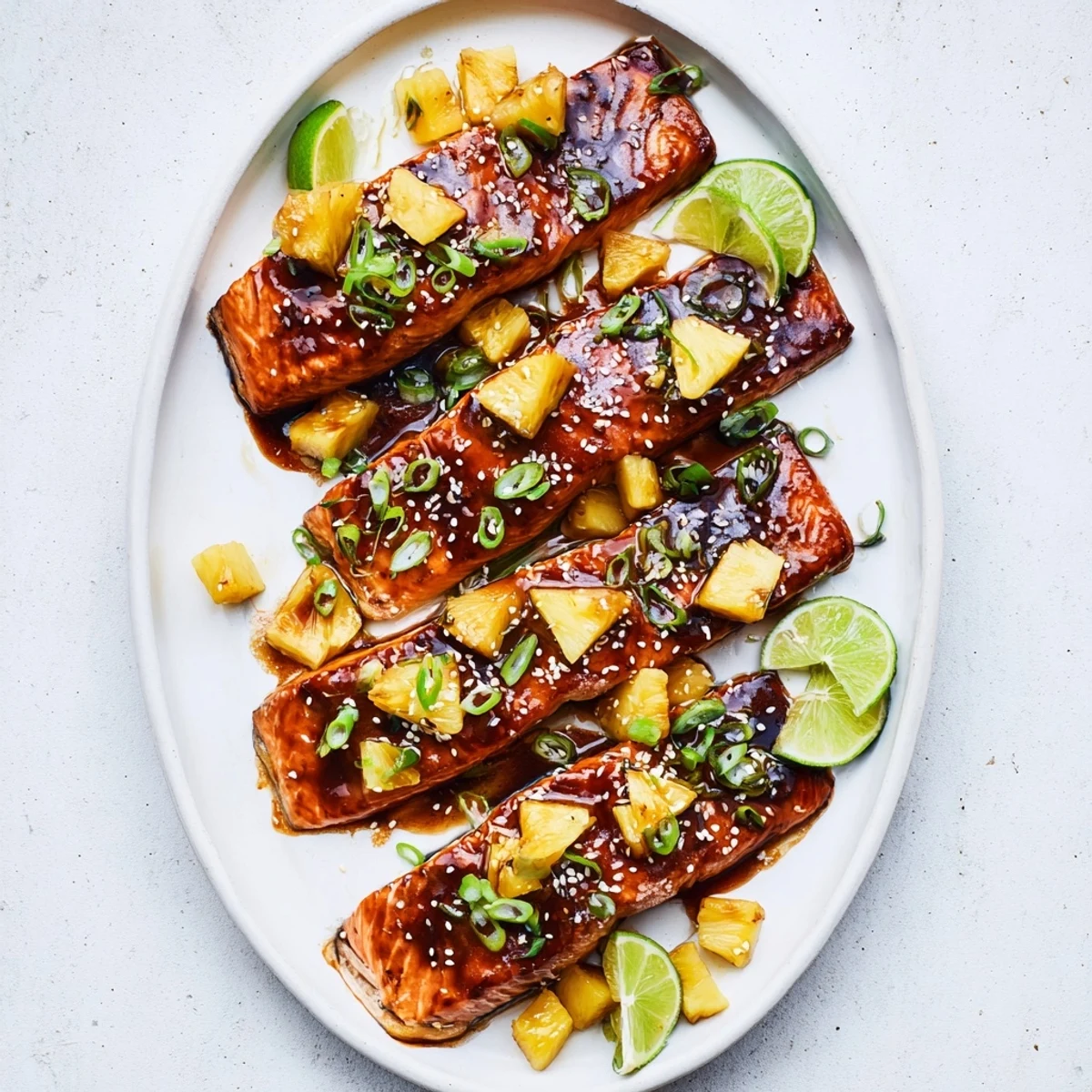 Weeknight dinner of seared salmon coated in thick tangy pineapple sauce served with rice