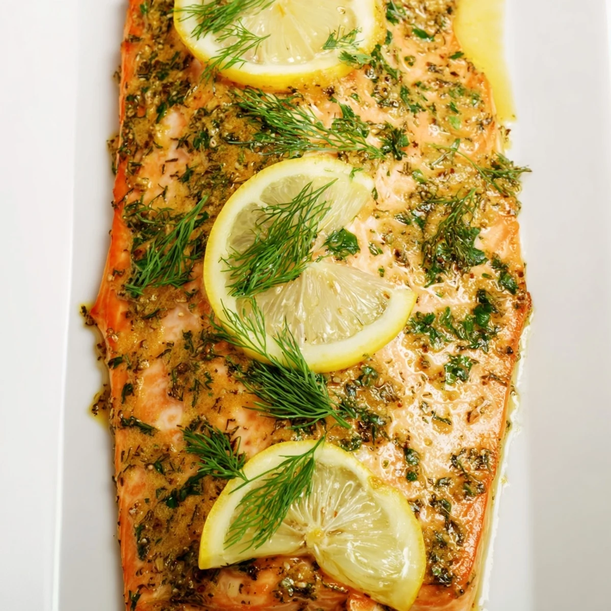Tender baked salmon flaking perfectly with zesty lemon slices and green dill garnish