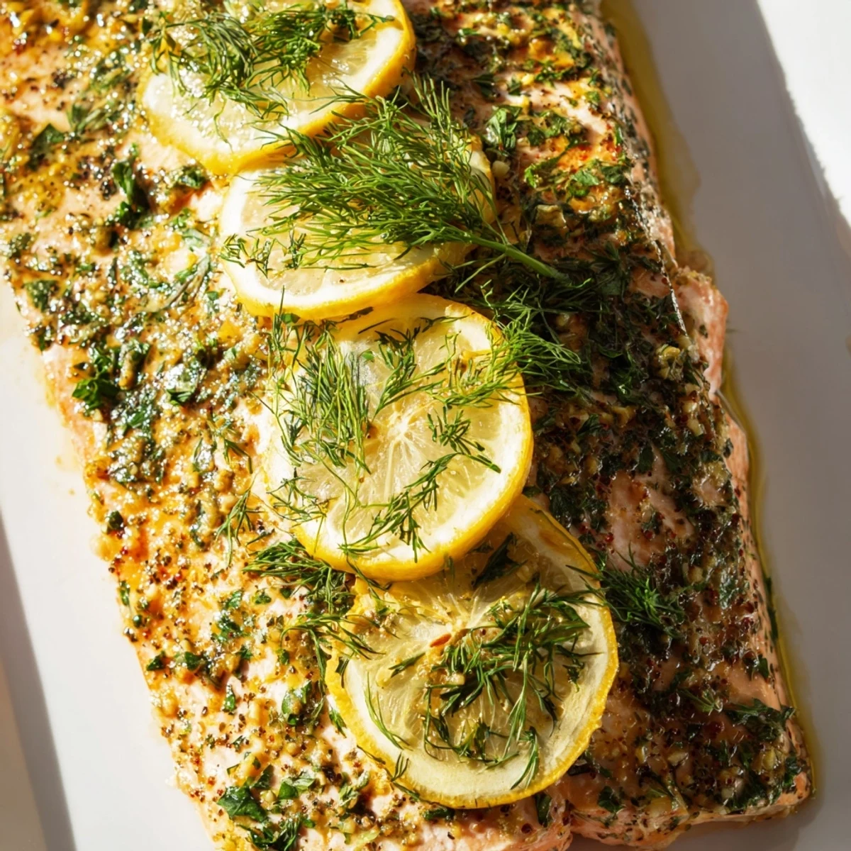 Golden baked salmon fillet with fresh herb and lemon topping on a white baking sheet