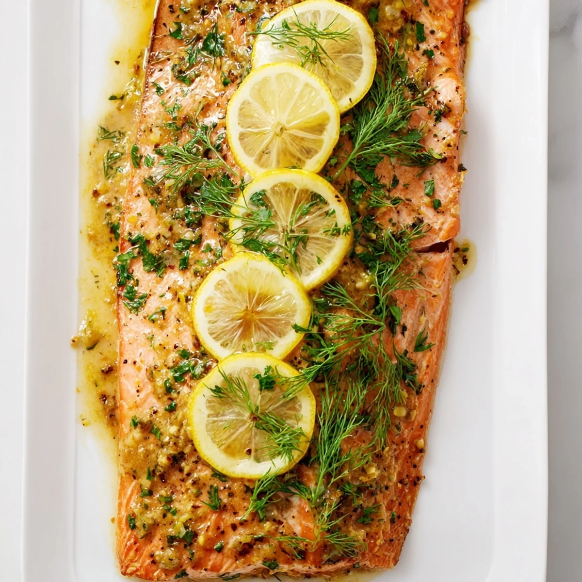 Oven-baked salmon with glistening marinade fresh parsley and circular lemon wheels ready to serve