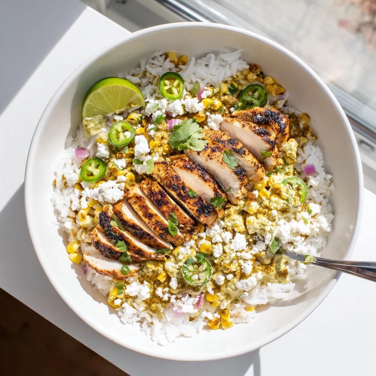Juicy grilled chicken atop fluffy rice topped with sweet street corn and tangy lime
