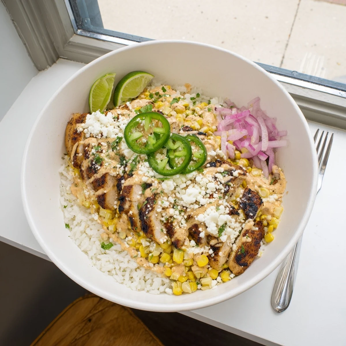 Easy street corn chicken bowl served with fresh cilantro red onion and lime wedges