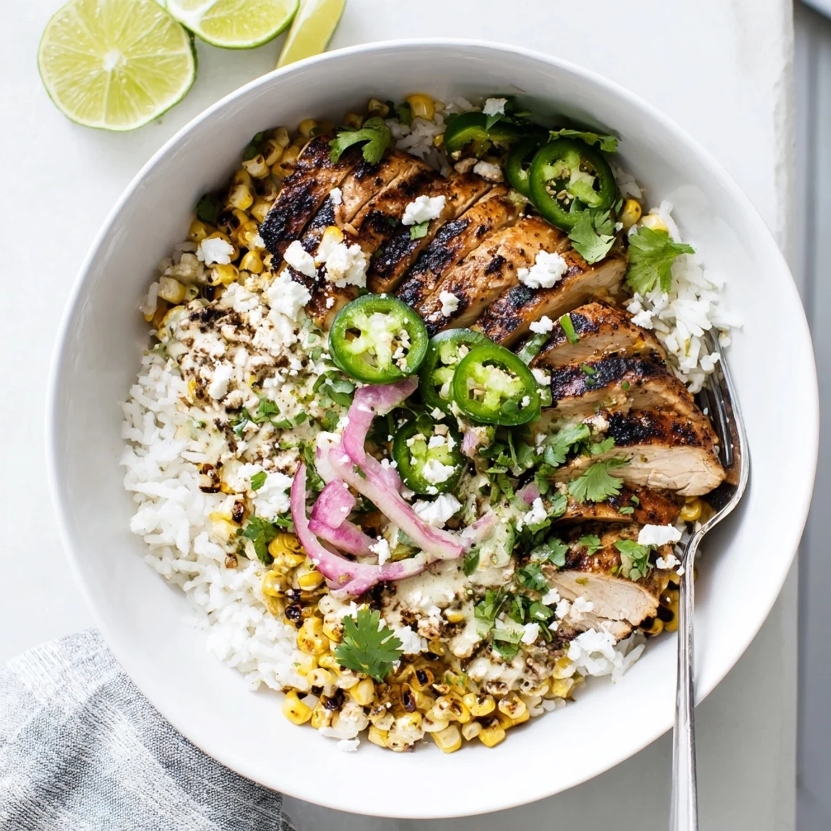 Vibrant Mexican-inspired chicken bowl featuring charred corn cotija cheese and creamy zesty dressing