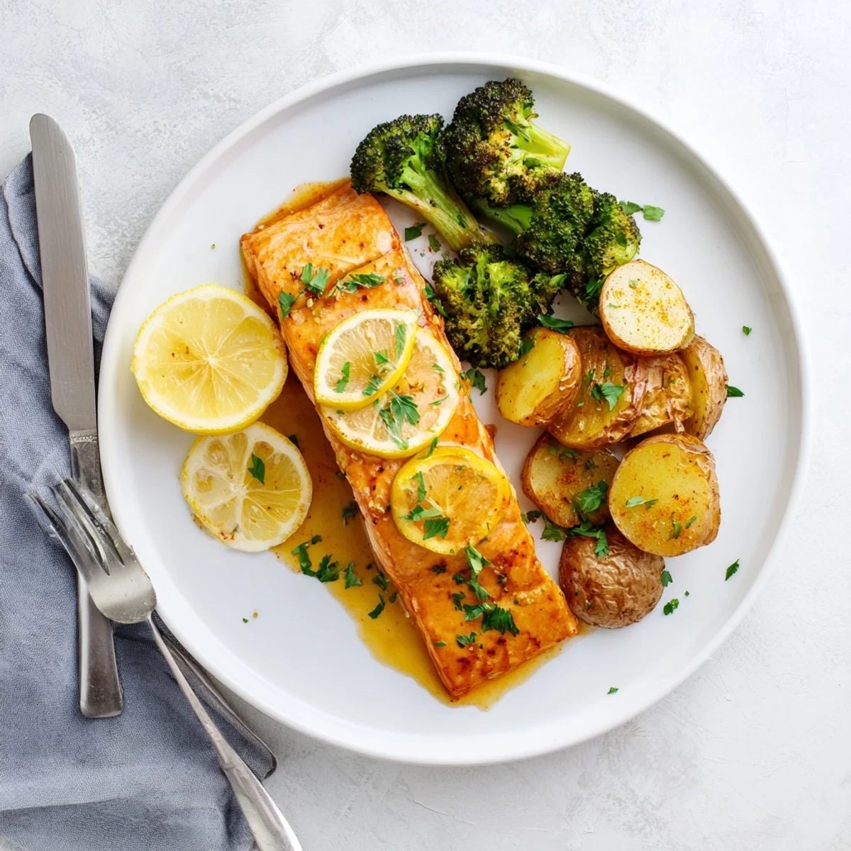 Complete lemon butter salmon dinner featuring crispy spiced potatoes and tender green florets