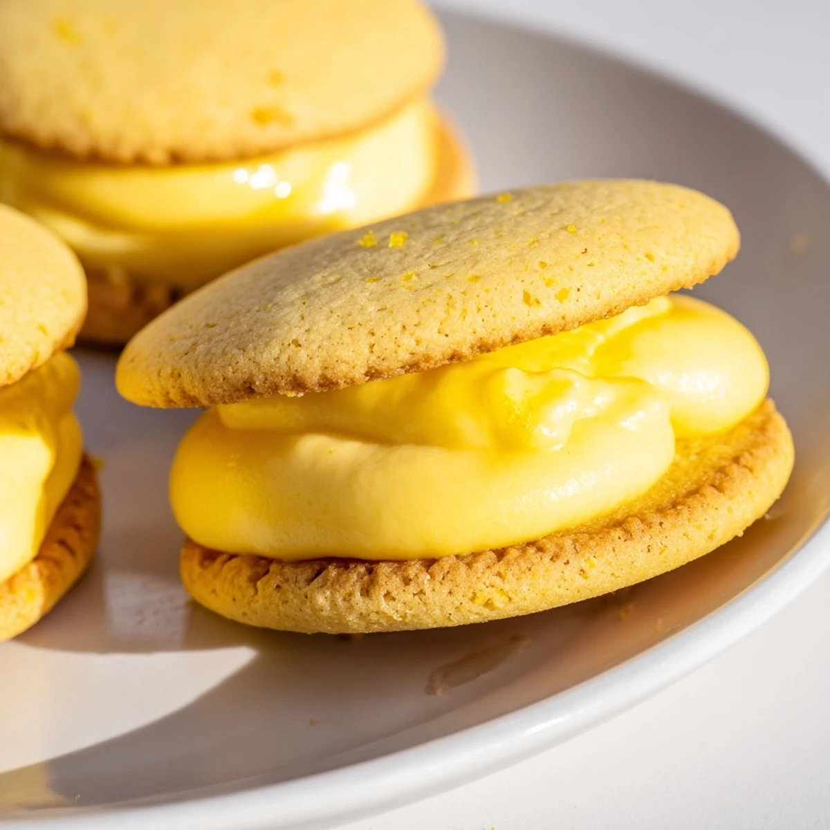 Golden lemon sandwich cookies filled with creamy tangy lemon curd on a white plate