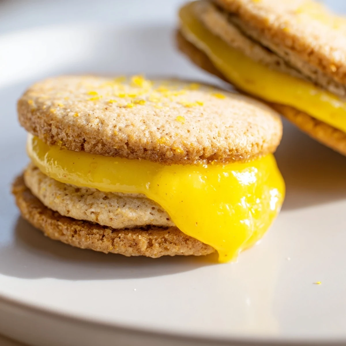 Two vegan lemon sandwich cookies with bright yellow curd filling on a marble surface