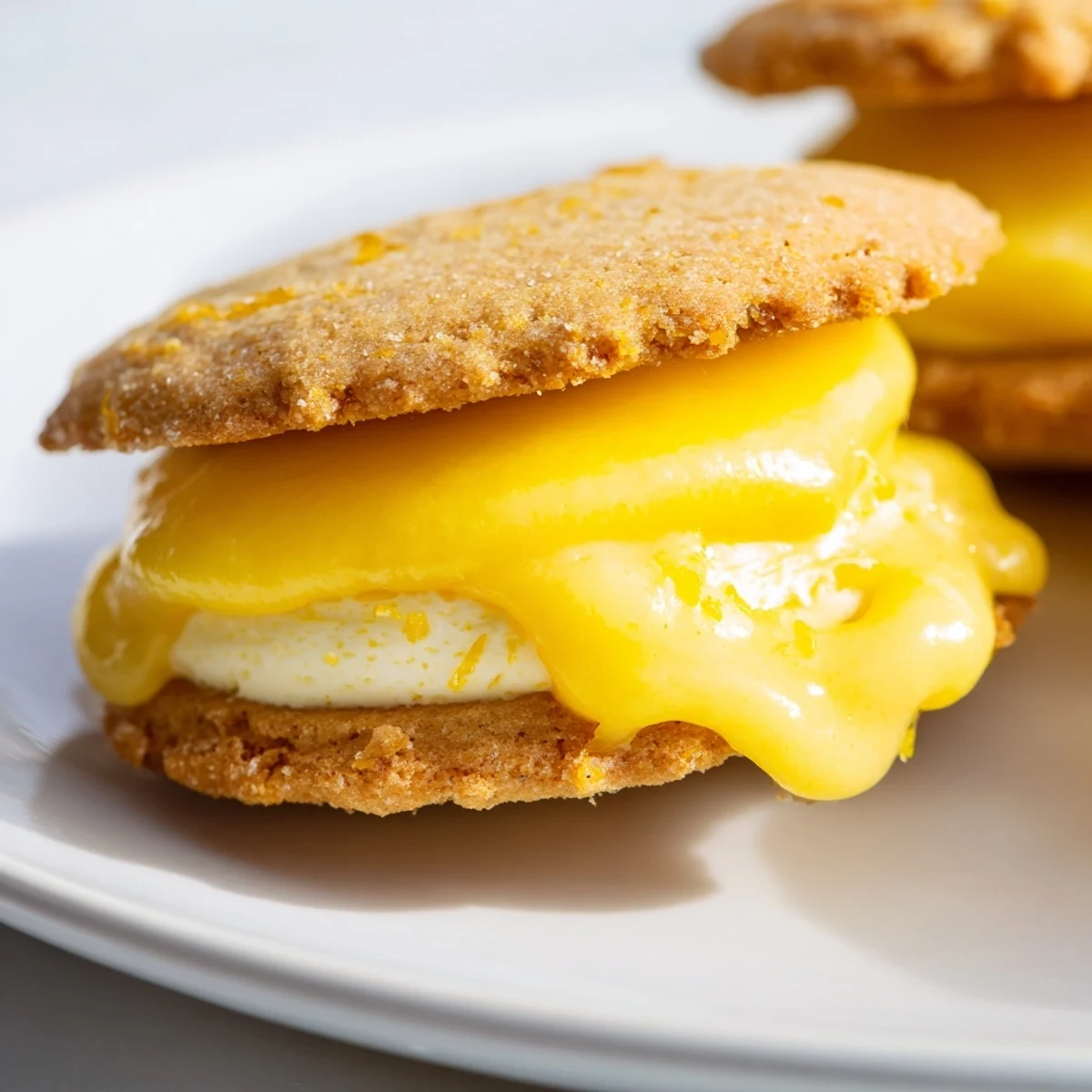 Close-up of soft gluten-free lemon cookies sandwiching smooth lemon curd with powdered sugar