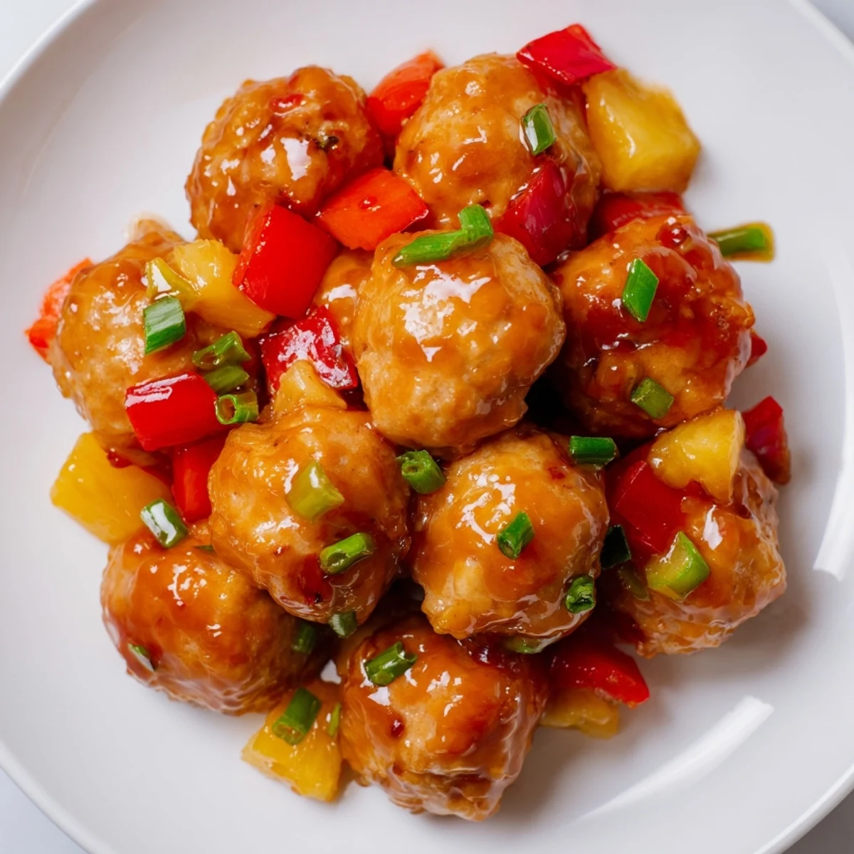 Juicy turkey meatballs simmered in thick pineapple glaze served over steamed white rice in a white bowl.