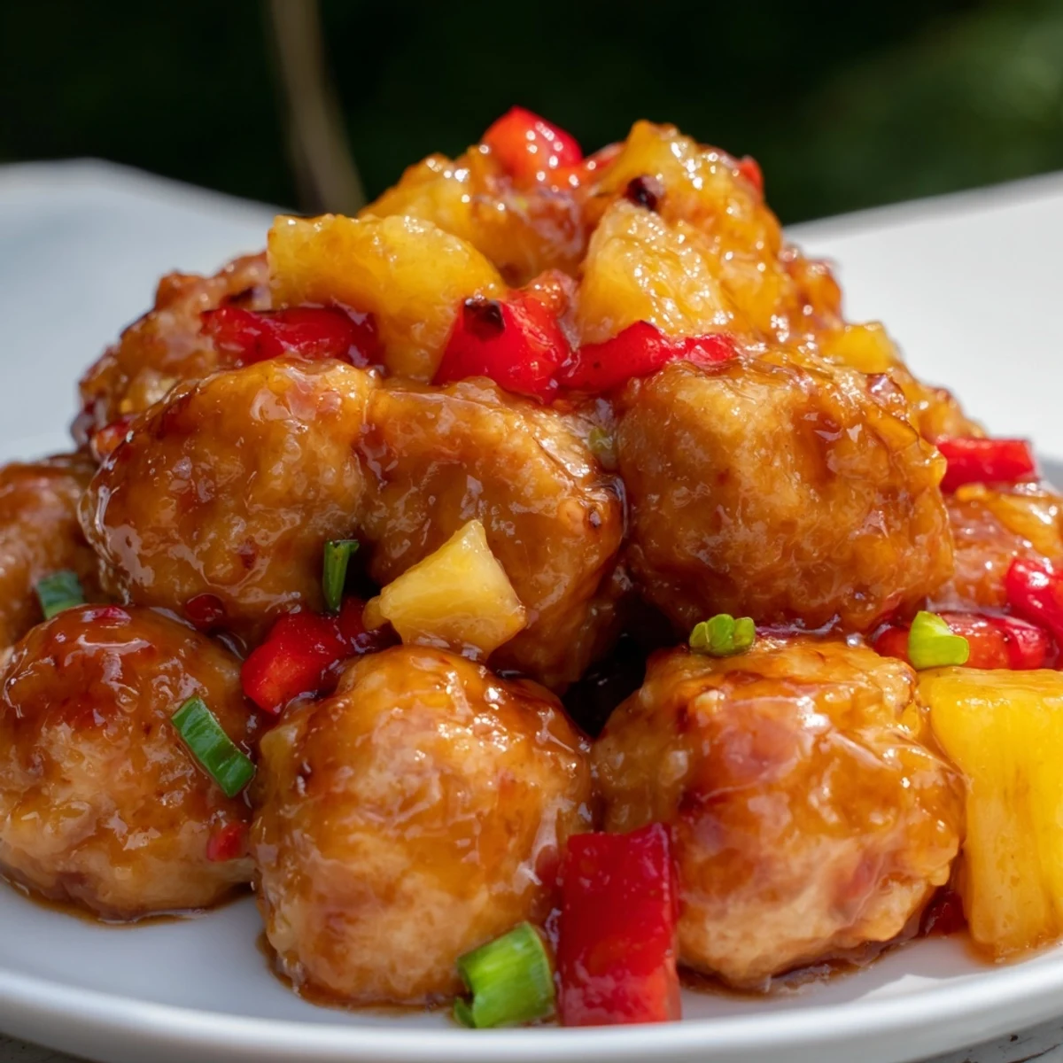 Golden brown pineapple chicken meatballs coated in glossy sweet and tangy sauce with red bell pepper chunks.