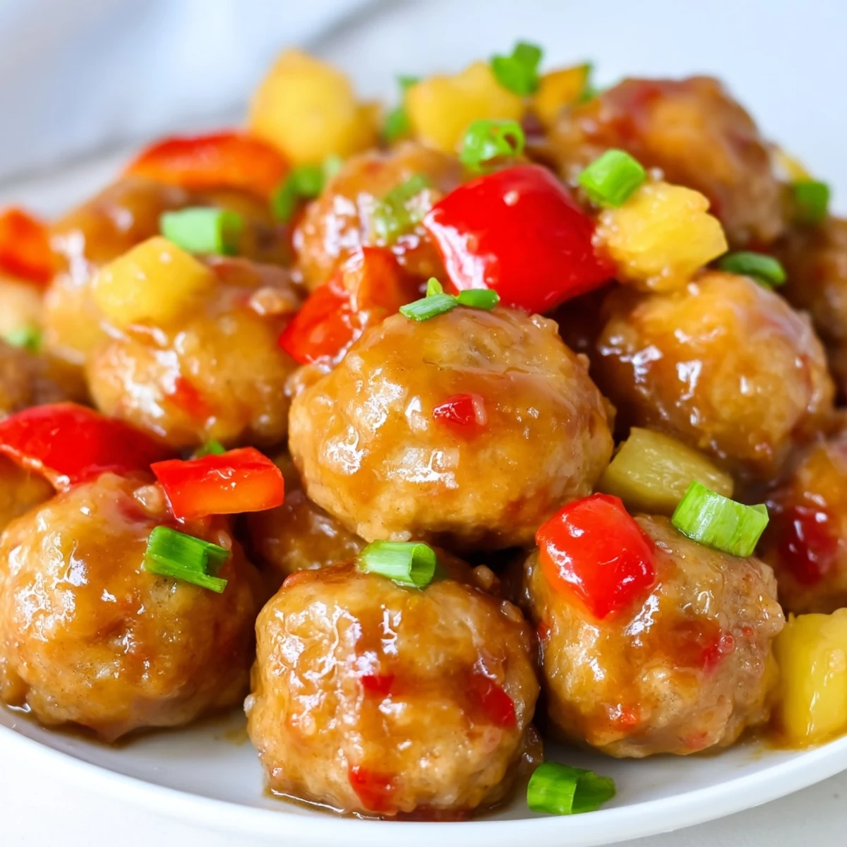 Tender chicken or pineapple turkey meatballs in sticky Asian-inspired sauce garnished with fresh green onion slices.