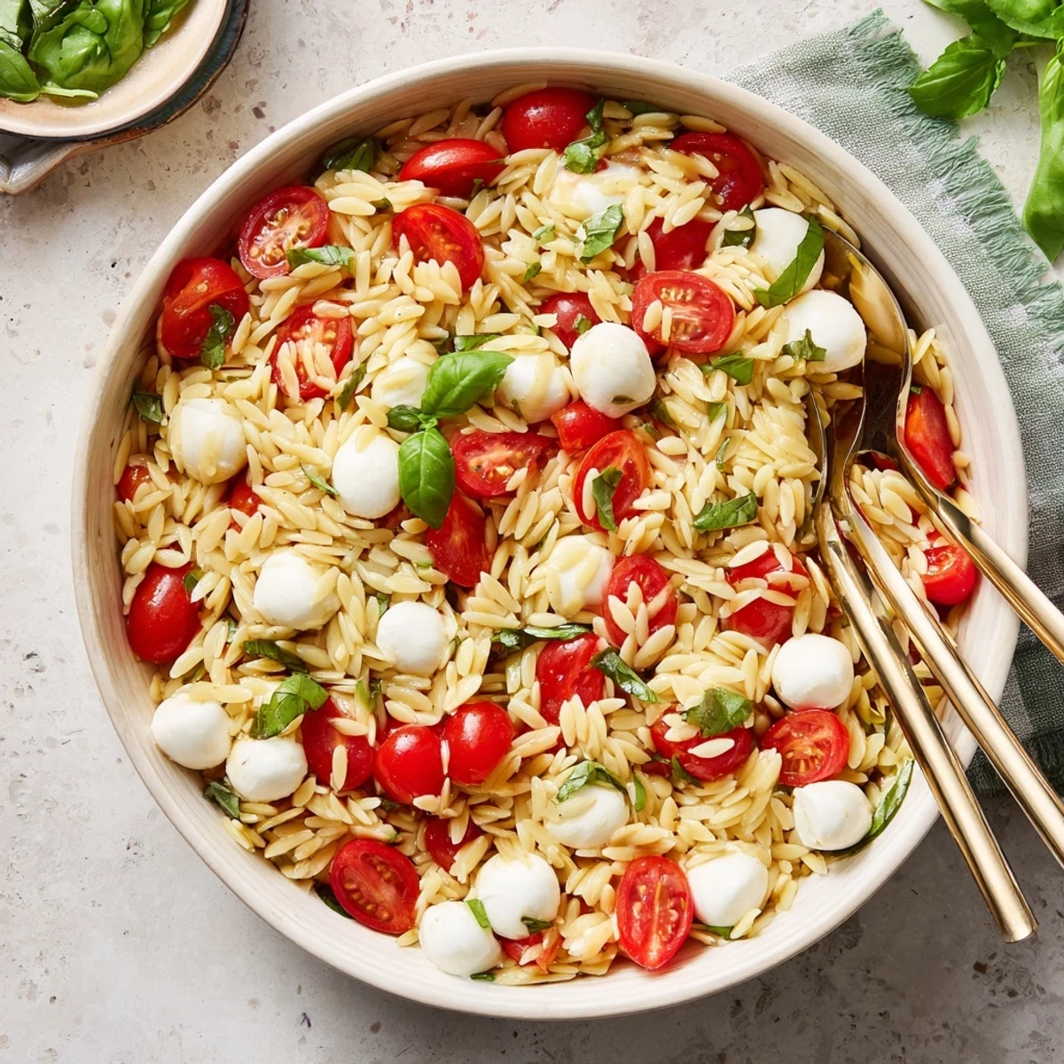 Fresh Caprese orzo pasta salad featuring tender orzo, halved cherry tomatoes, and creamy mozzarella balls drizzled with balsamic dressing