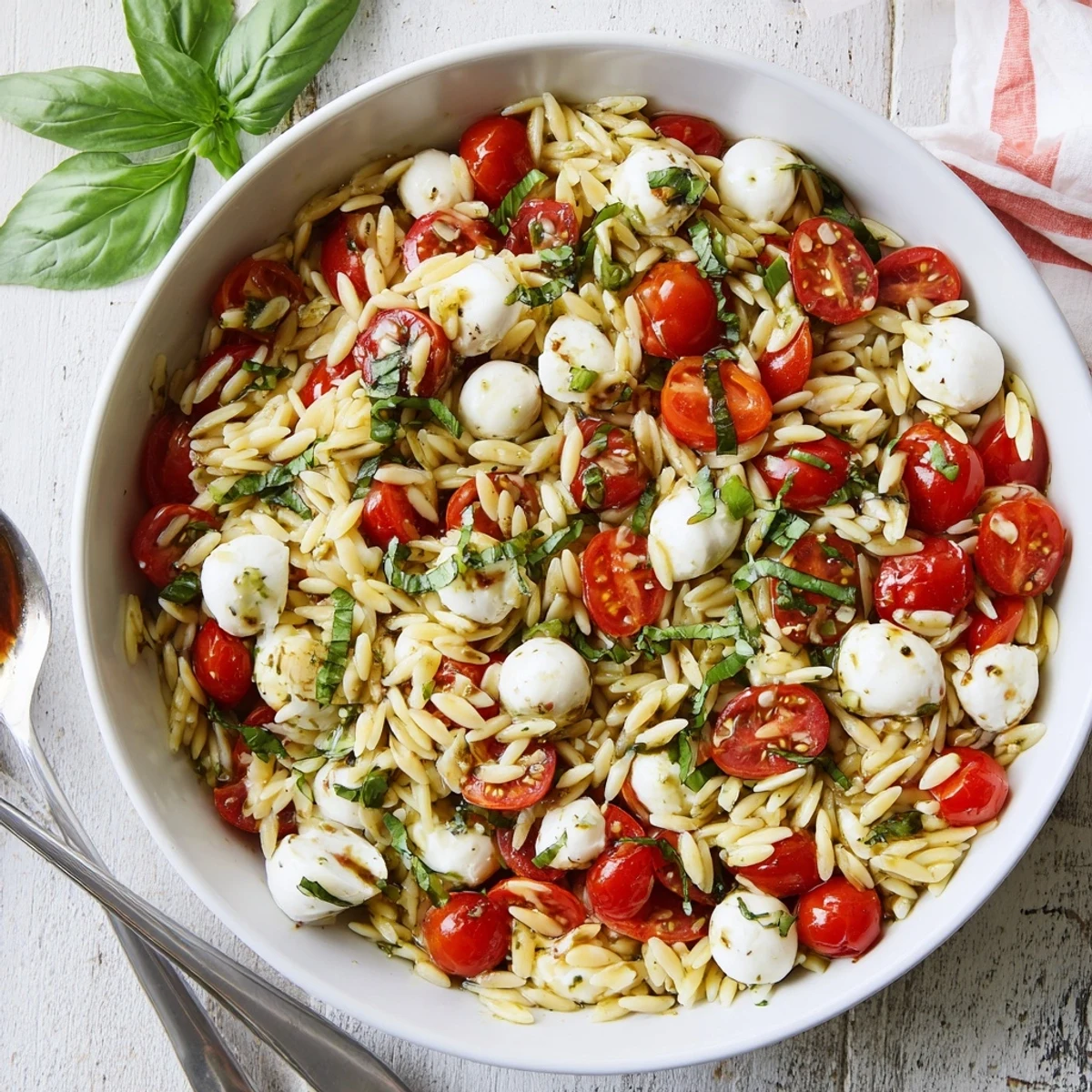 Colorful Caprese orzo pasta salad tossed with fresh basil, mozzarella pearls, and juicy cherry tomatoes in a white serving bowl