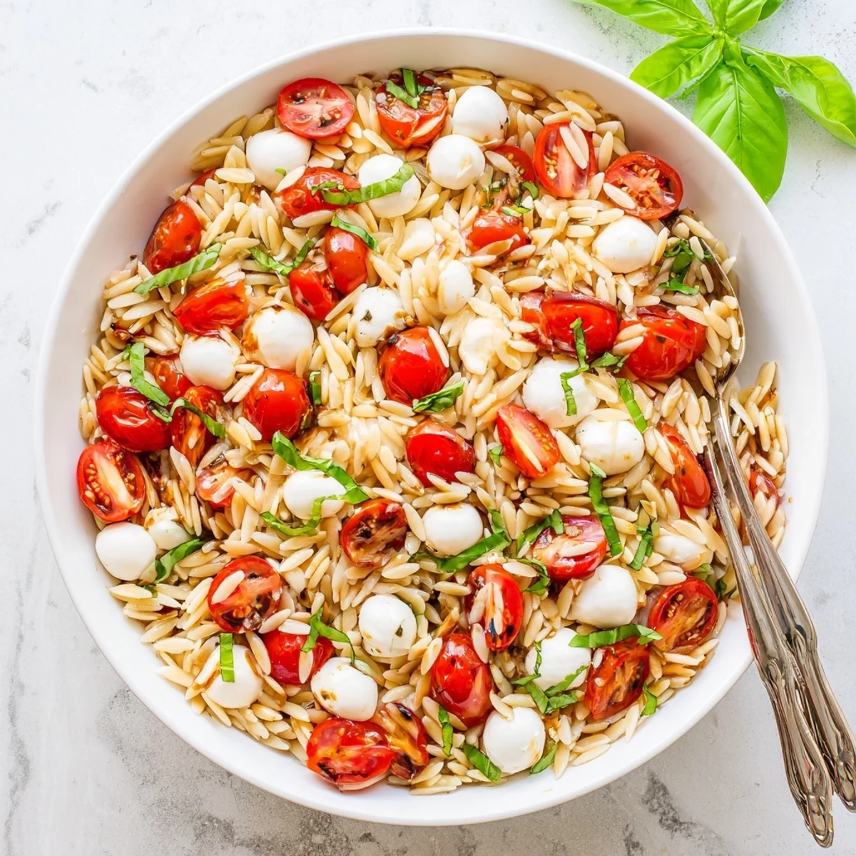 Garden-fresh Caprese orzo pasta salad displayed with vibrant tomatoes, torn basil leaves, and bocconcini on a rustic wooden table