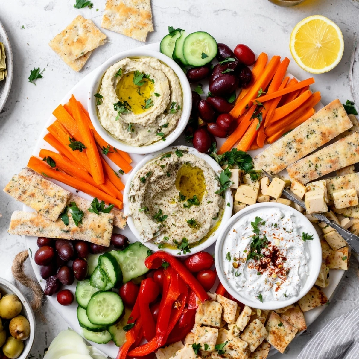 Shared appetizer spread showcasing Mediterranean mezze tapas platter with baba ganoush, grilled halloumi, and crunchy vegetables