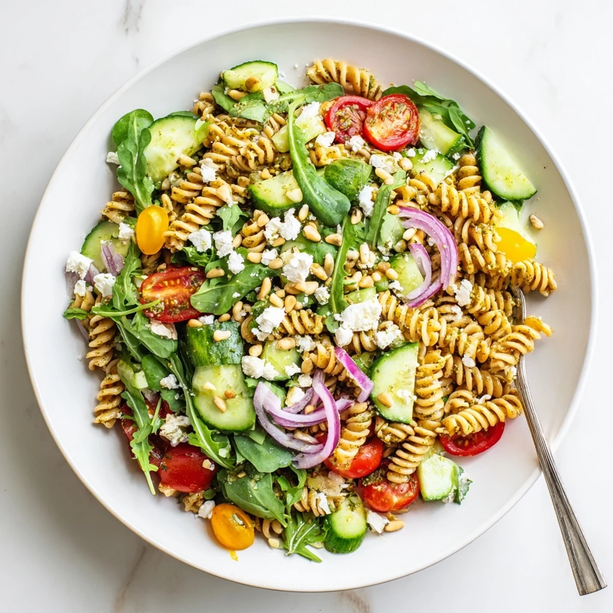 Colorful summer pasta salad with baby greens, cherry tomatoes, and crisp cucumber tossed in lemon-herb dressing