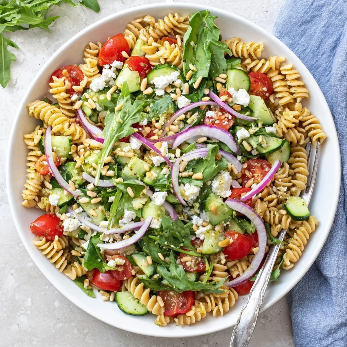 Light summer pasta salad with baby greens, fresh vegetables, and toasted pine nuts on a rustic wooden table