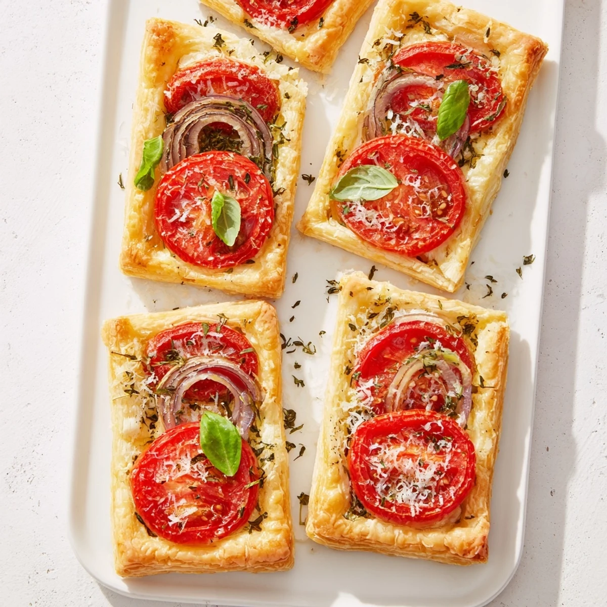 Flaky baked tomato tartlets arranged on serving board with caramelized edges and herbs
