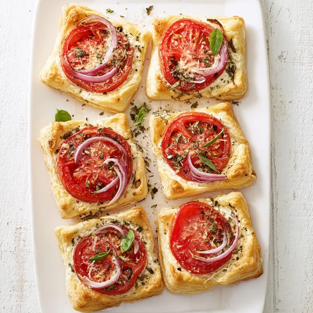 Golden puff pastry tomato tartlets topped with melted goat cheese and fresh basil