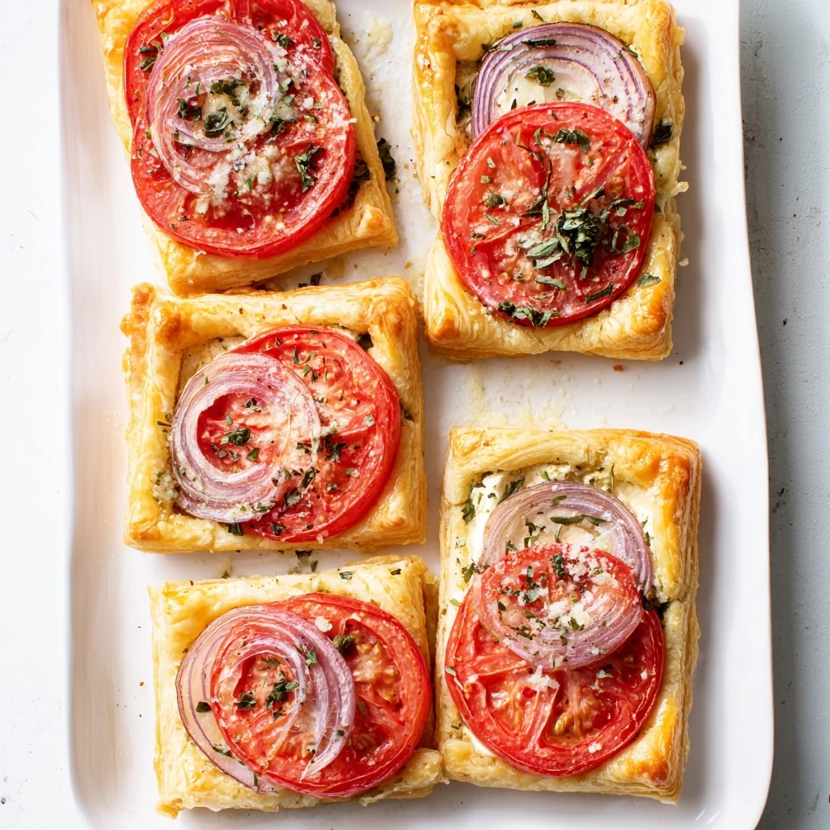 Close up of tomato tartlets featuring red slices on golden pastry with cheese