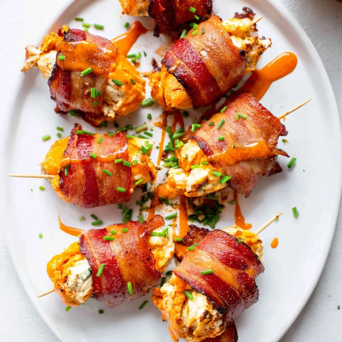 Crispy bacon-wrapped Buffalo Chicken Bombs stuffed with spicy cheese filling on a white serving plate