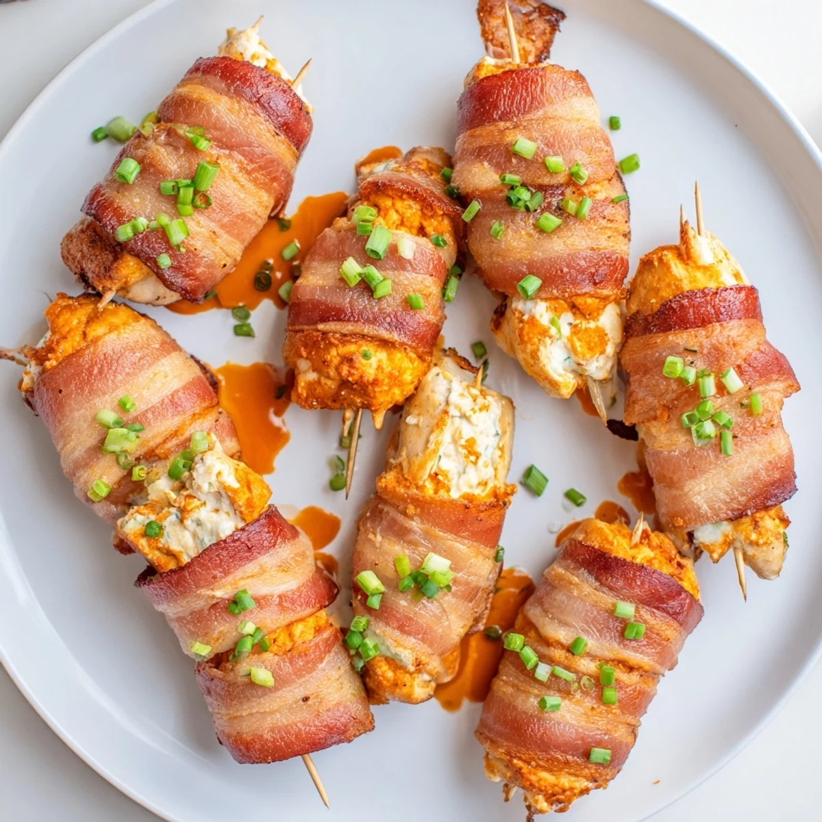 Golden brown Buffalo Chicken Bombs with melted buffalo cream cheese oozing from crispy bacon edges