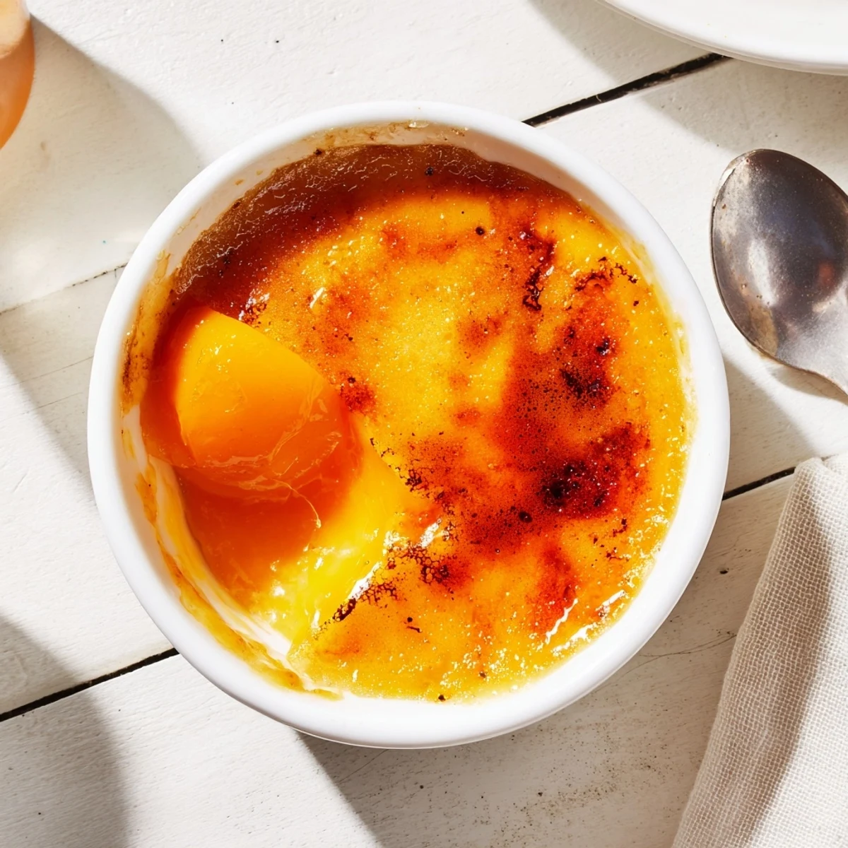 Golden cracked sugar tops individual Easy Persimmon Crème Brûlée ramekins with vibrant orange persimmon layer visible beneath creamy custard