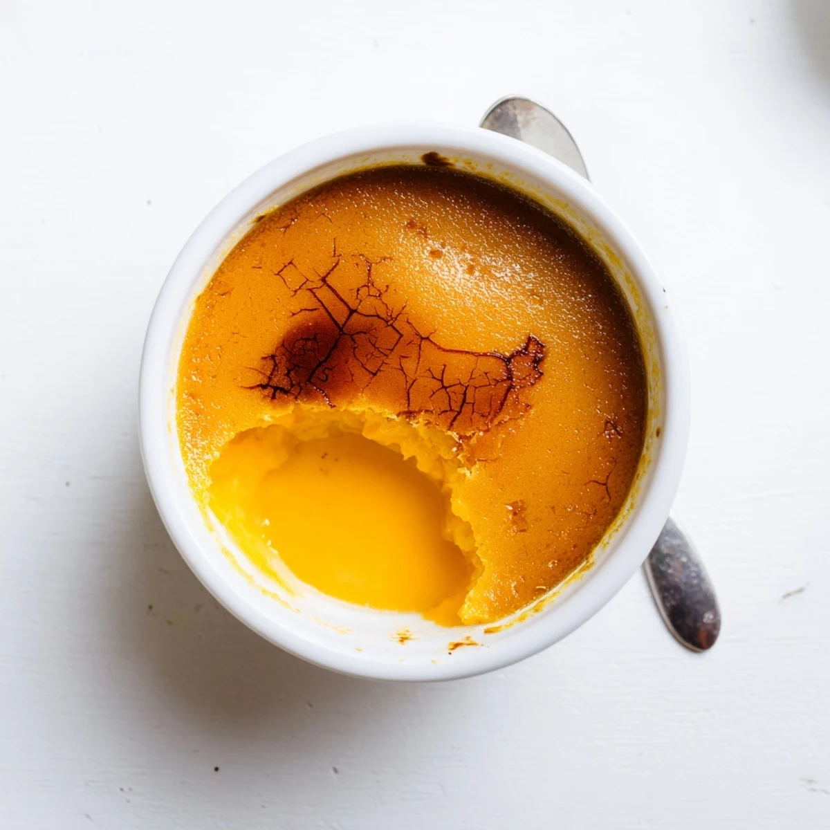 Caramelized sugar crust shatters over smooth Easy Persimmon Crème Brûlée dessert revealing persimmon base and rich custard inside