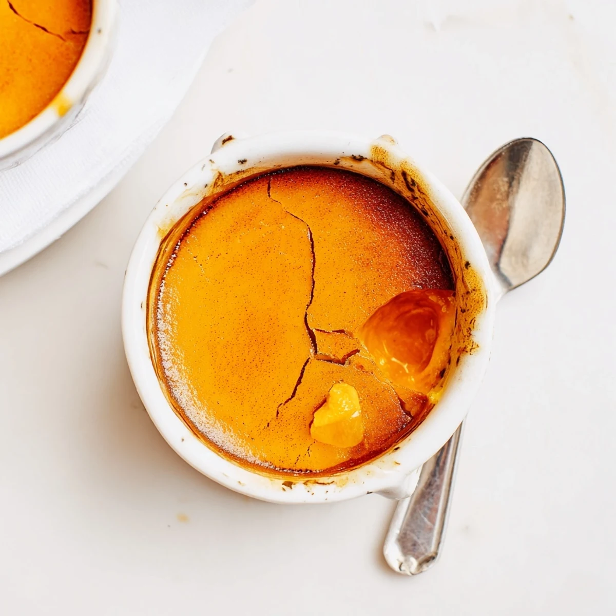 Silky vanilla custard floats above sweet persimmon puree in this French Easy Persimmon Crème Brûlée served in white ceramic dishes