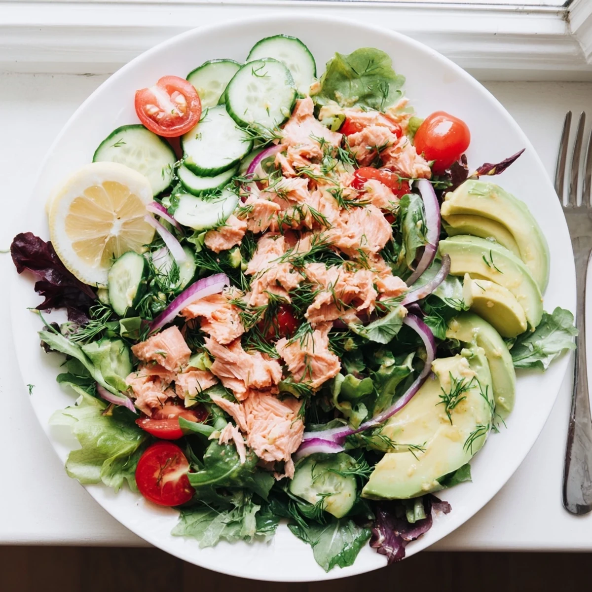 Golden pan-seared salmon chunks tossed with fresh vegetables and zesty lemon dressing