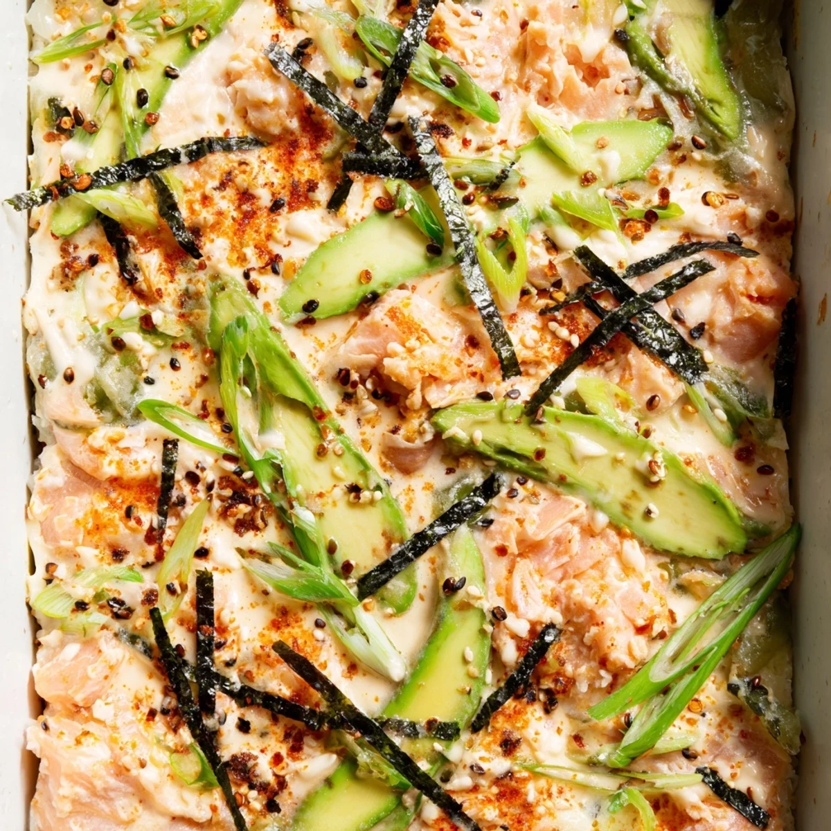 Creamy baked salmon sushi casserole topped with avocado slices, green onions, and furikake seasoning