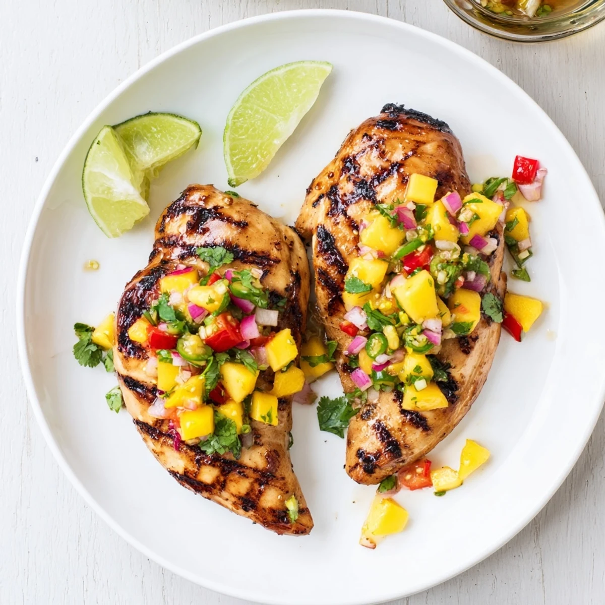 Juicy honey lime chicken breasts with sweet tropical mango salsa on a white plate
