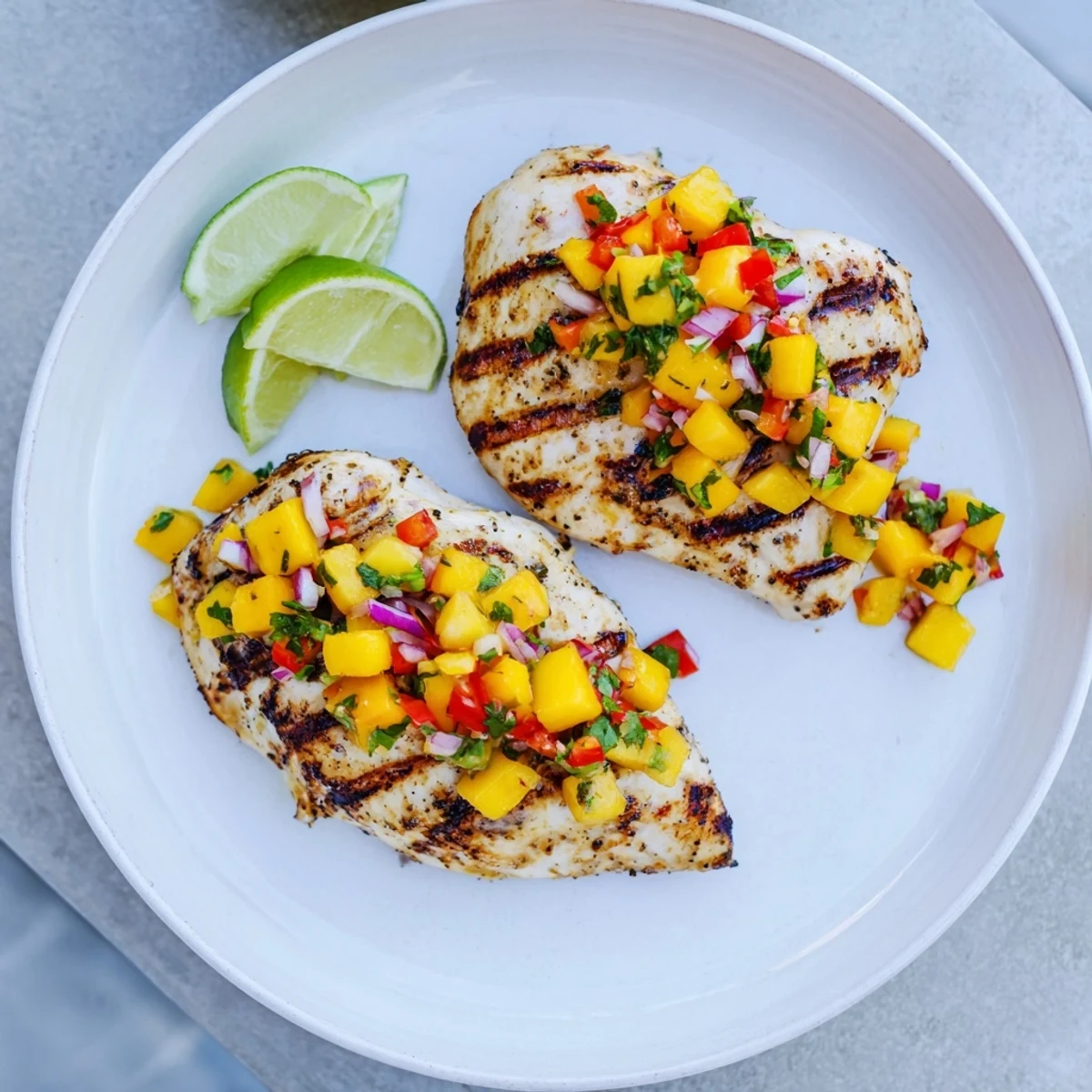 Golden grilled honey lime chicken topped with vibrant mango salsa and fresh cilantro garnish