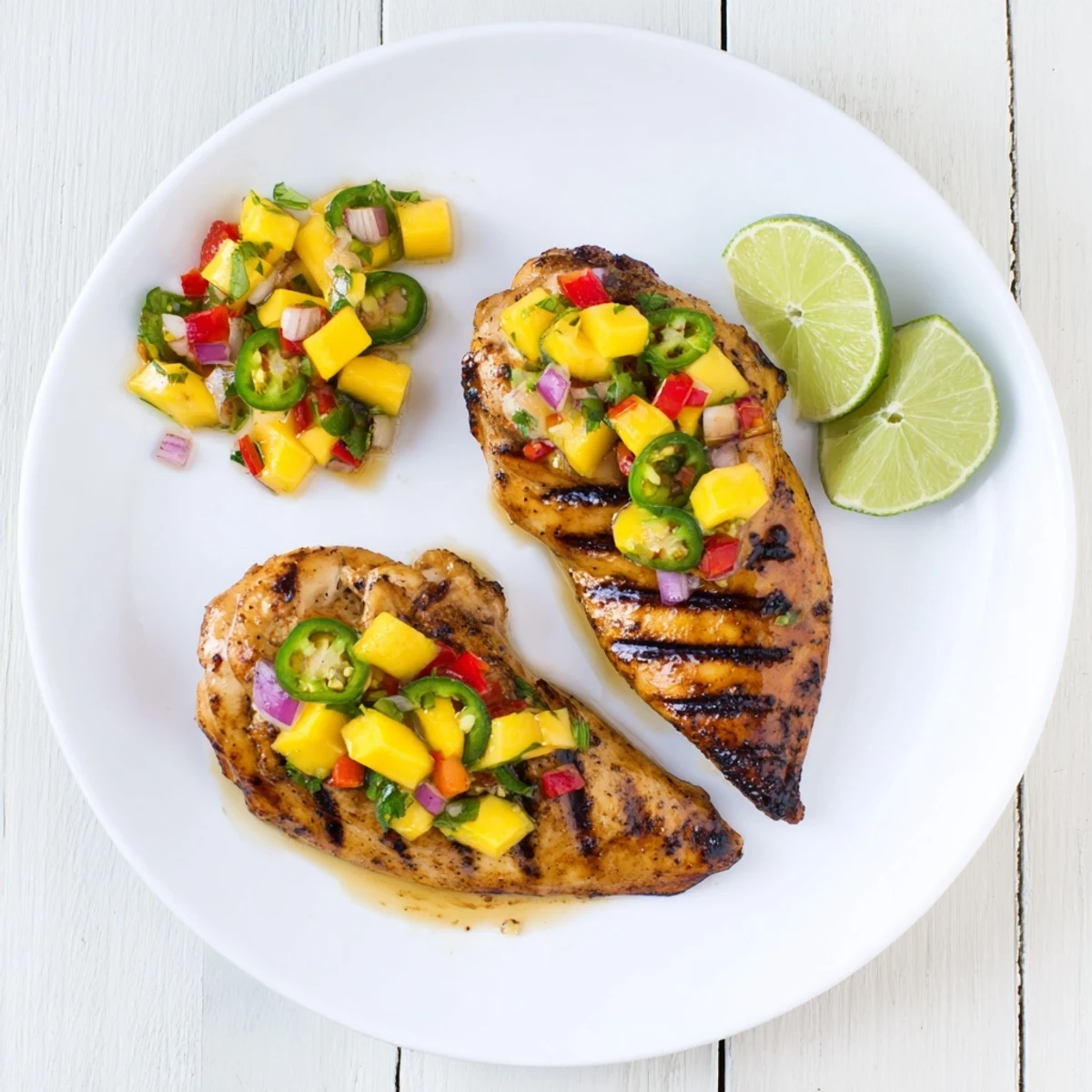 Grilled chicken marinated in honey lime sauce served with colorful fresh mango salsa