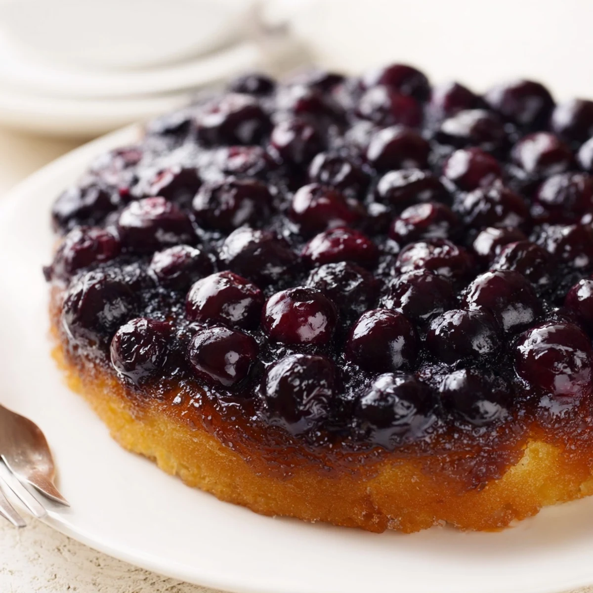 Moist buttery blueberry upside down cake with glistening berries fresh from the oven