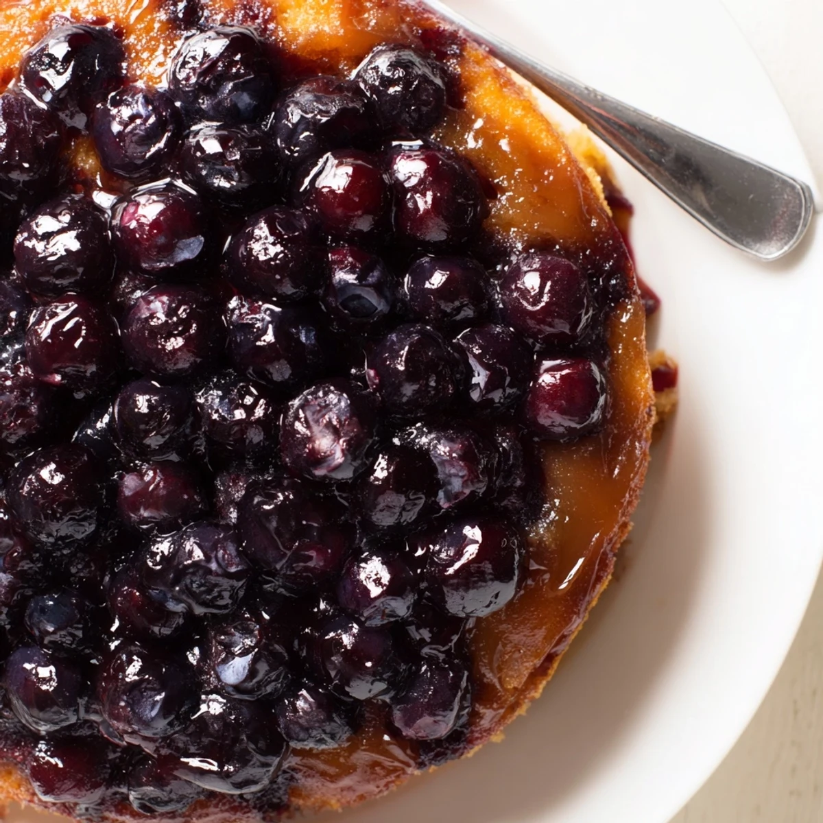 Golden blueberry upside down cake with caramelized fruit topping served on a white plate