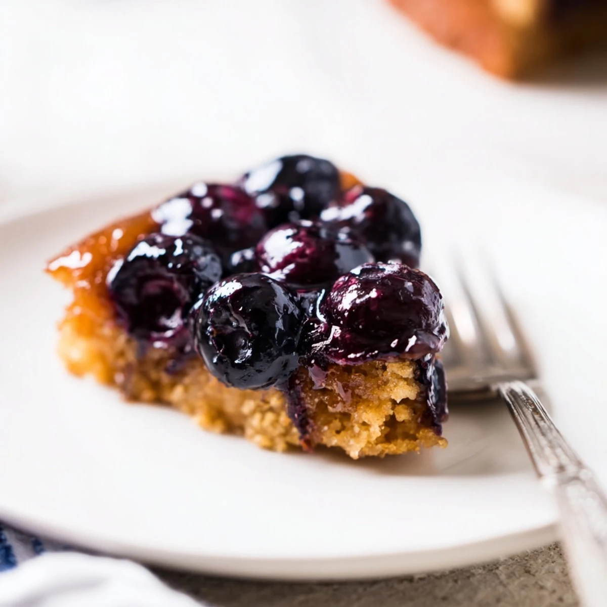 Slice of blueberry upside down cake featuring juicy caramelized fruit on a dessert plate